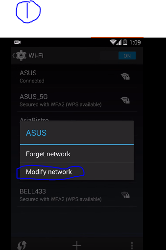 select internet connection WIFI press hold the botton then click Modify network see pic1